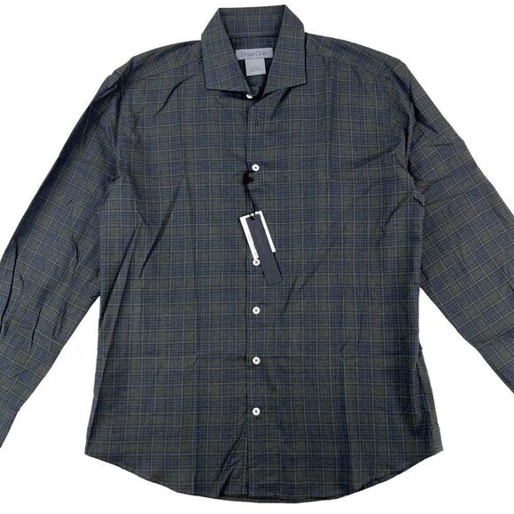 New Dylan Gray Men US L Dress Shirt Button Down Long Sleeve Gray Olive Plaid - Picture 2 of 12